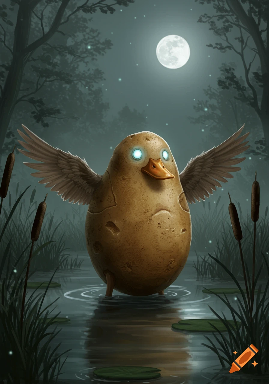 An illustrated potato-duck creature with glowing eyes and small wings stands in a moonlit swamp with cattails and lily pads.