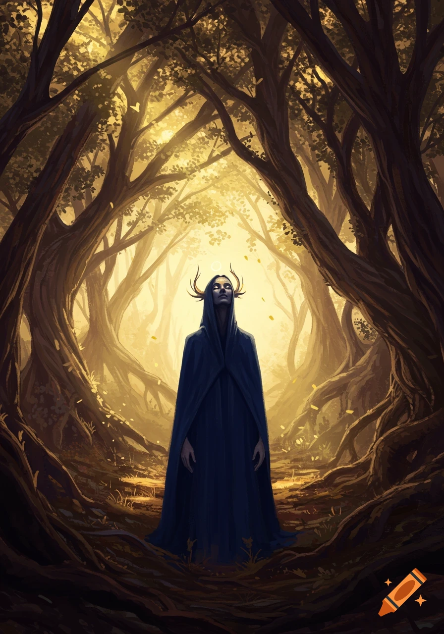 A cloaked, horned figure stands in a mystical, brightly lit forest with ancient trees, rendered in a dark fantasy art style.