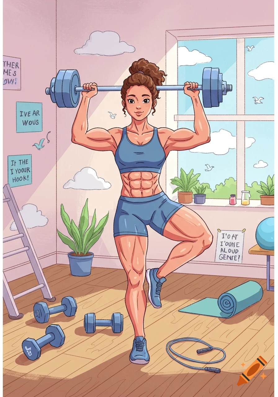 A strong, muscular woman in blue activewear lifts a barbell in a brightly lit room filled with gym equipment, in a cartoon illustration style.