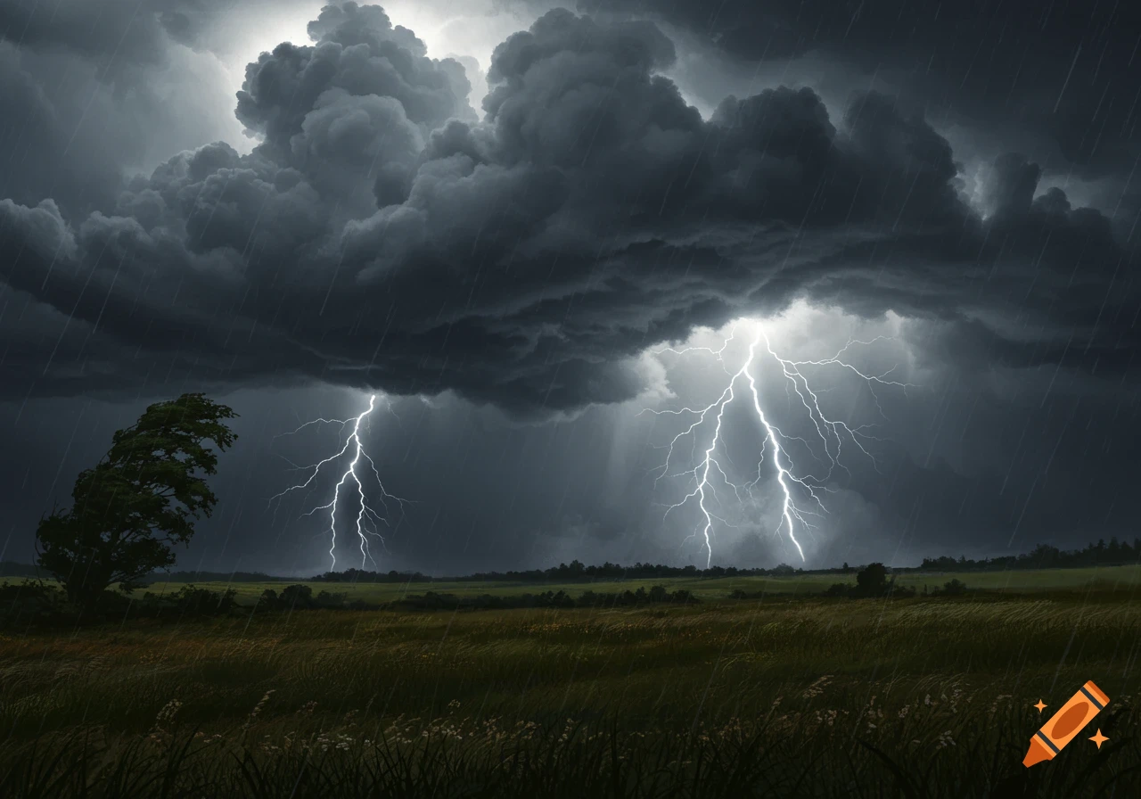 A dark storm rages over a green field, with heavy rain and multiple bright lightning bolts striking from dramatic, towering clouds.