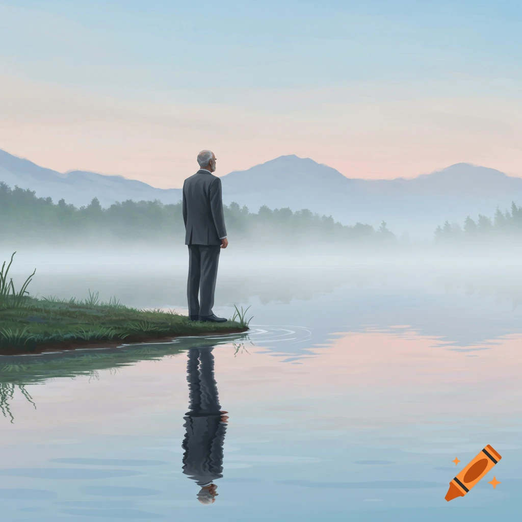 Man in a suit stands by a misty lake, gazing at distant mountains under a pale sky, his reflection visible in the water, painting style.