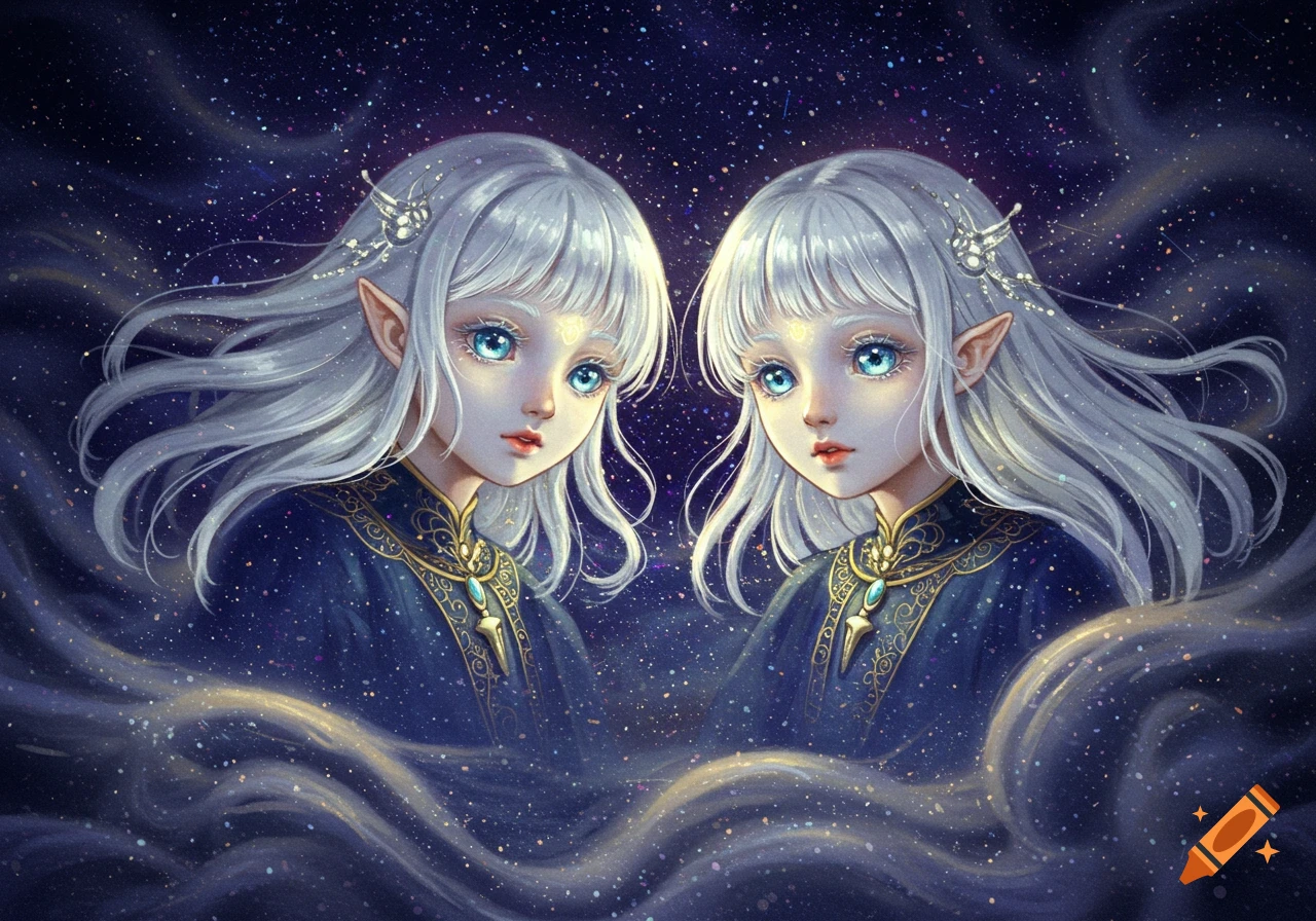 Two ethereal anime elf girls with white hair and blue eyes against a dark, starry, cosmic background.