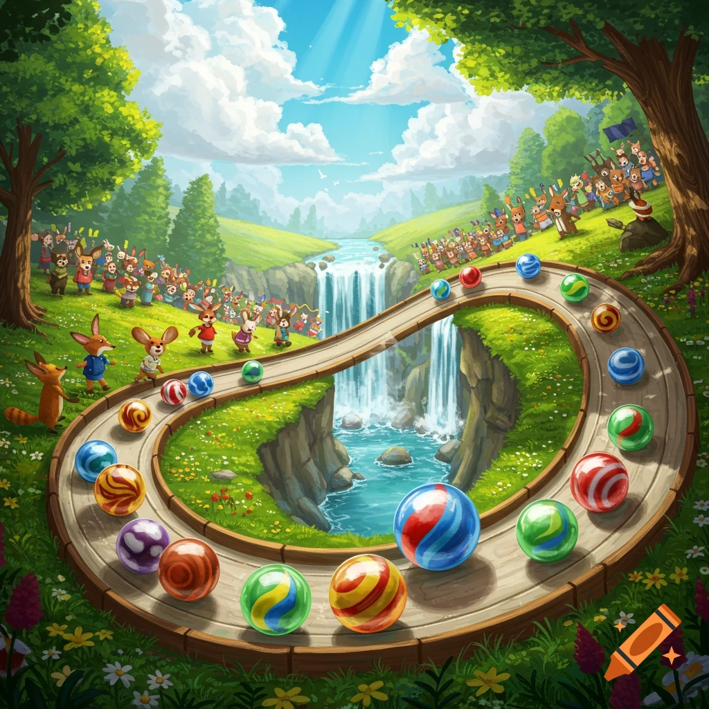 Cartoon marble race winding through a lush green valley with waterfalls, observed by cheerful animals.
