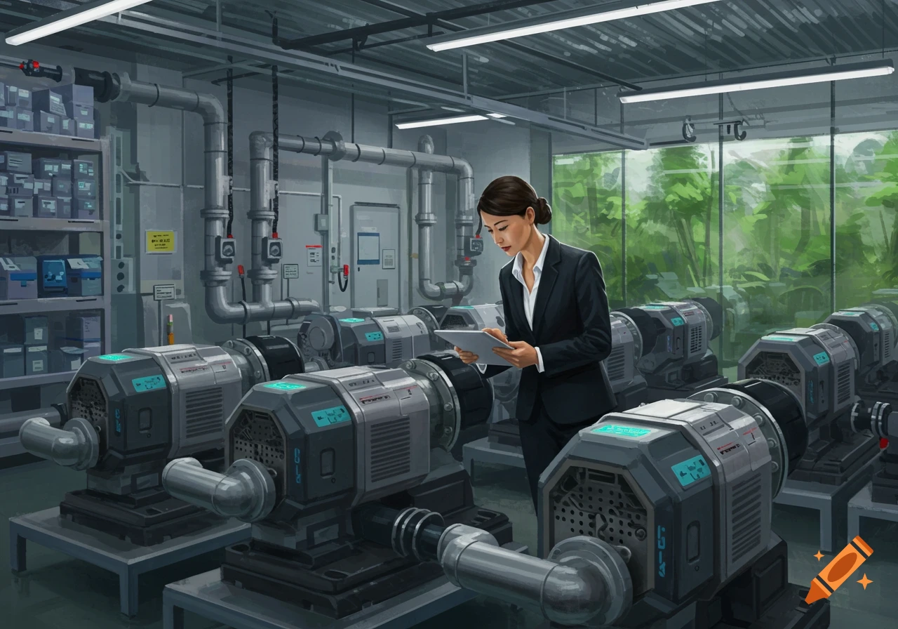 A businesswoman inspects machinery in a futuristic industrial facility with large windows looking out to lush green foliage.