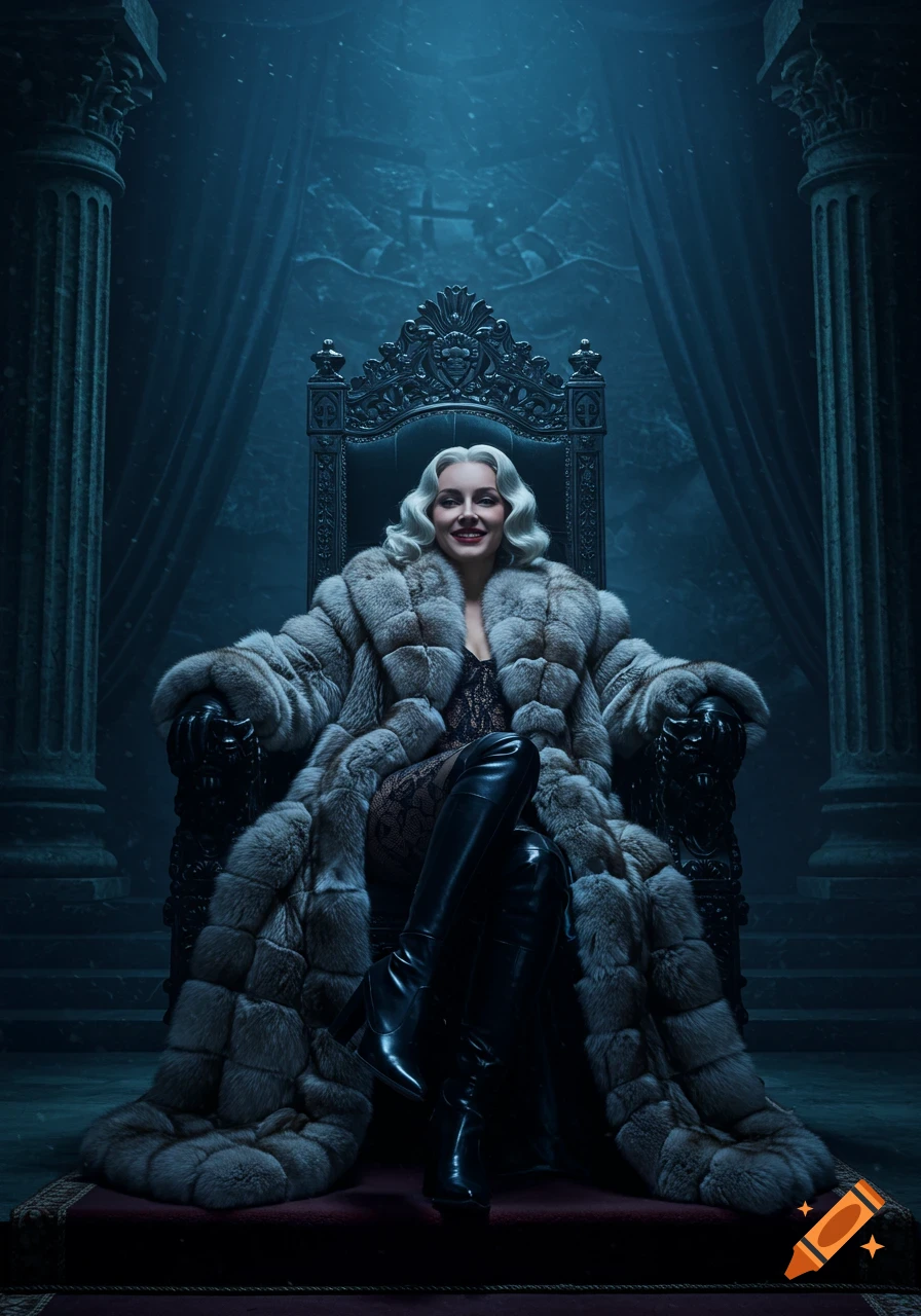 A photorealistic queen in a large fur coat and boots smiles while sitting on a gothic throne in a dark, ominous throne room.
