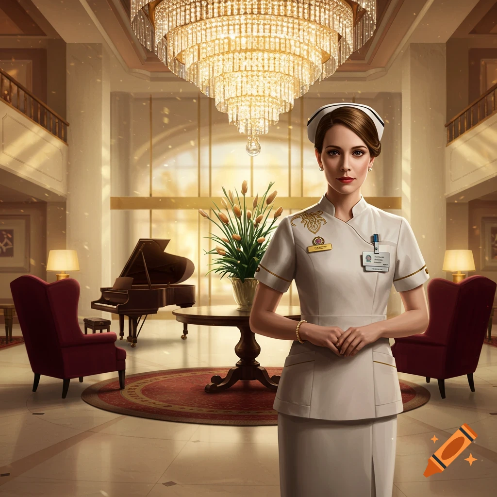 Photorealistic image of a woman in a white uniform standing in a luxurious hotel lobby under a sparkling chandelier.