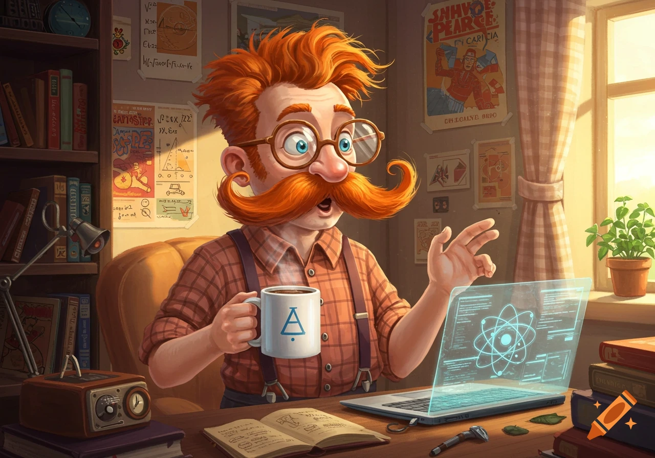 A cartoon man with red hair and a large orange mustache wearing glasses and a plaid shirt sits at a desk with a glowing holographic laptop and a steaming mug, gesturing with one hand in a sunlit room filled with books and posters.