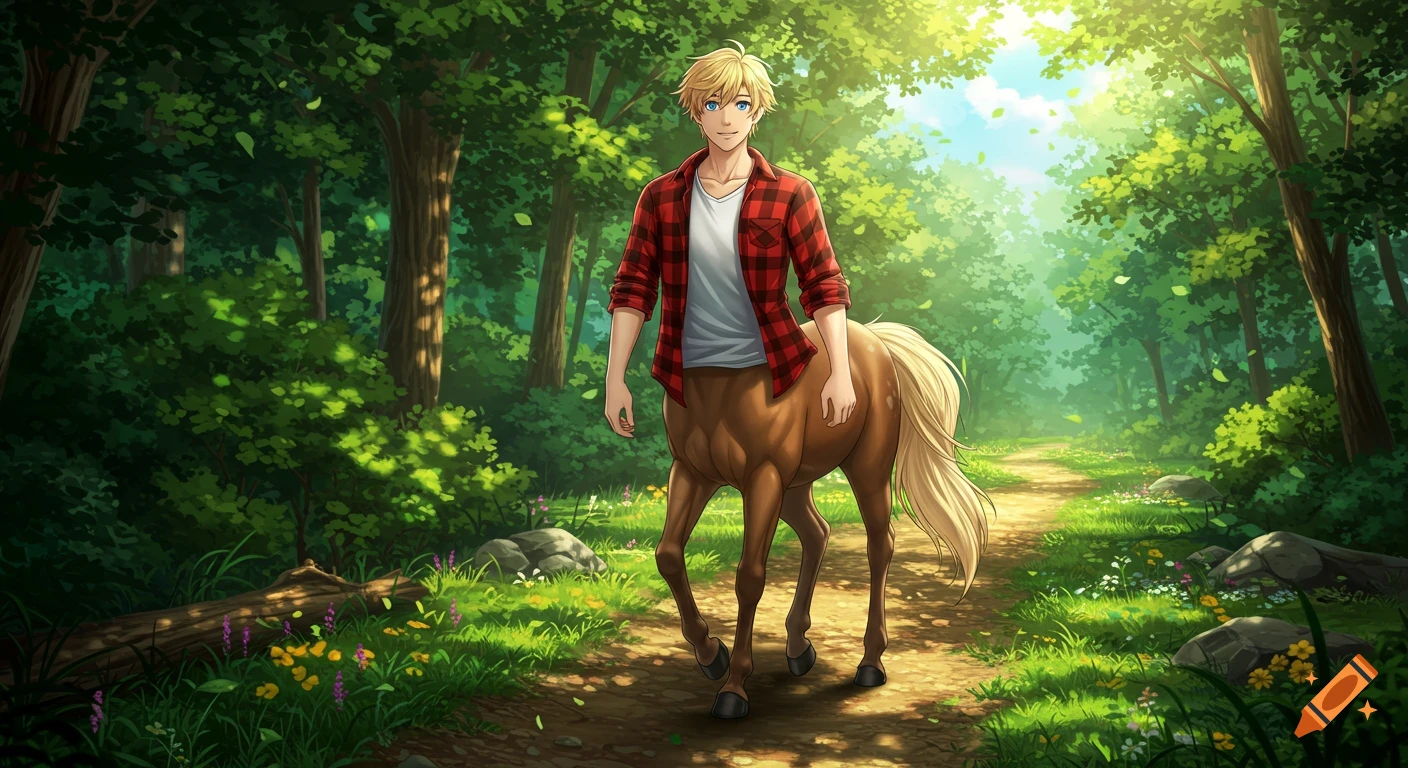 Blue-eyed blond centaur in a red plaid shirt walks a path through a sunny summer forest, anime style.