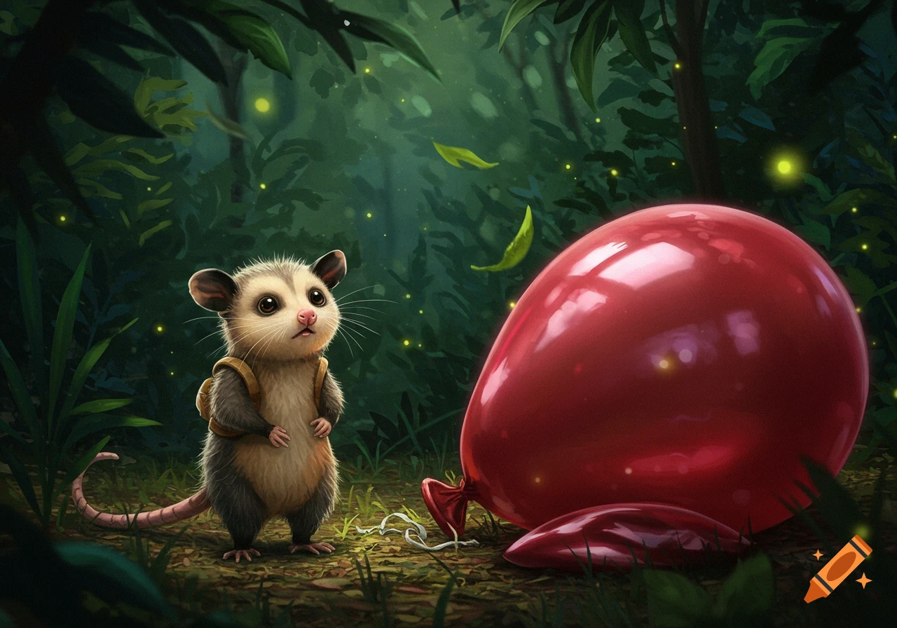 A cute possum child with a backpack looks at a large deflated red balloon in a magical forest with fireflies.