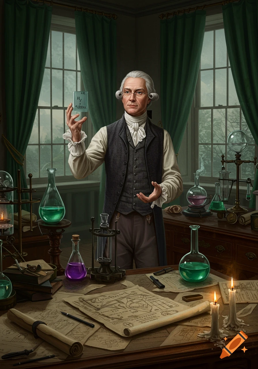 A distinguished 18th-century chemist in a dimly lit lab holds up a glass block with "H₂" and other garbled text, surrounded by beakers and scientific apparatus.