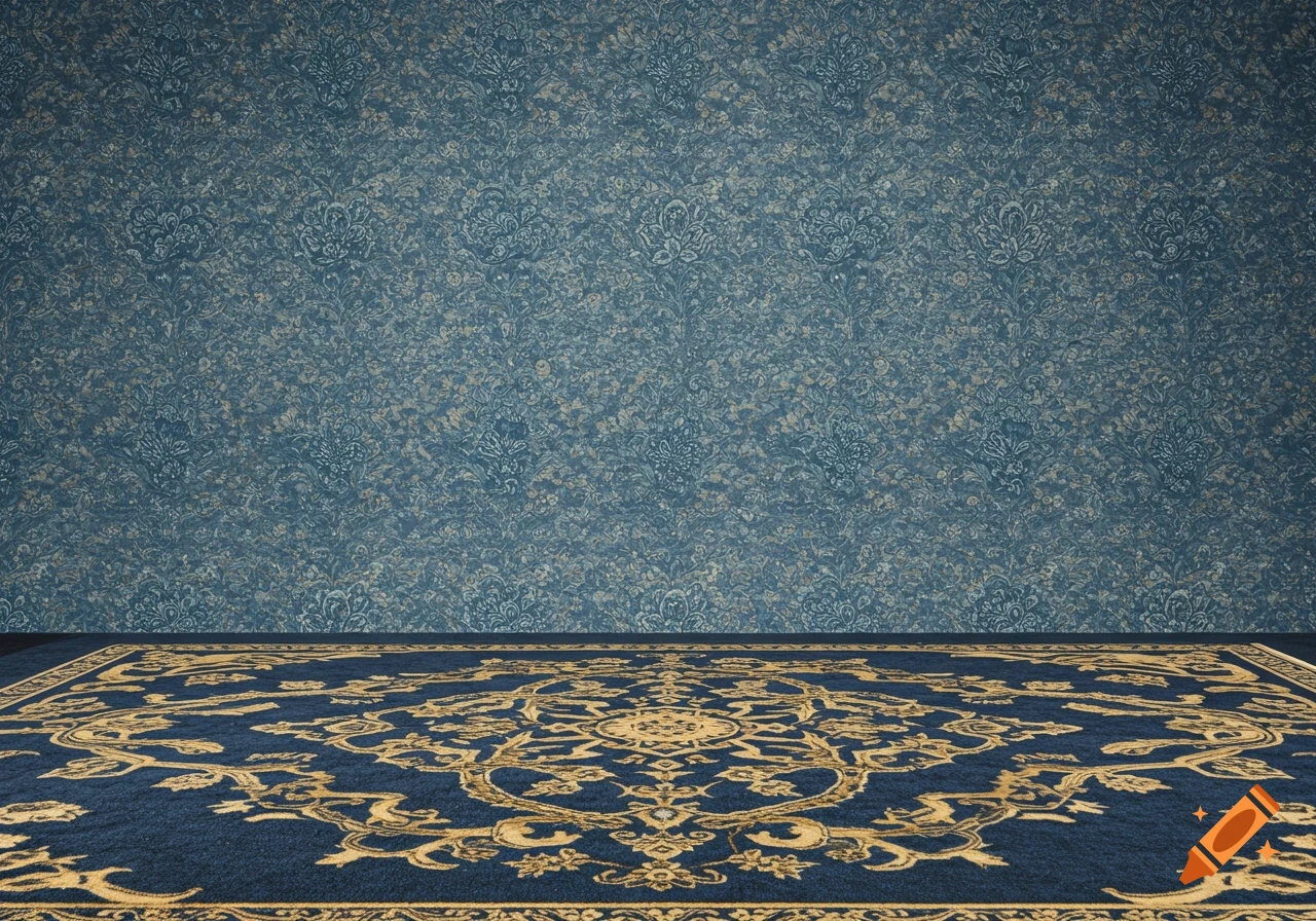 Blue floral wallpaper covers a wall above a navy blue carpet with intricate gold decorative patterns.