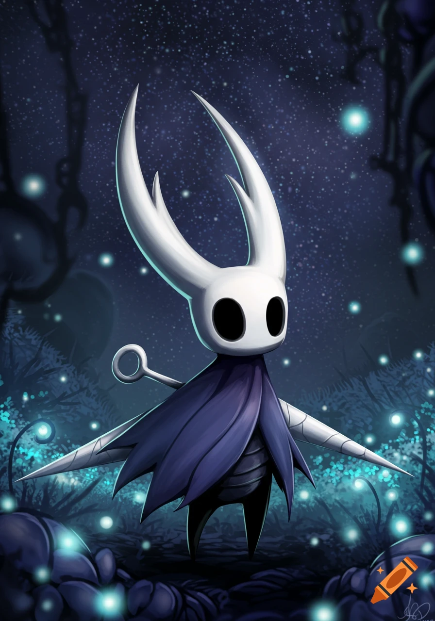 A stylized white bug-like character with long horns and a dark blue cloak stands in a magical, dark forest with glowing blue plants and fireflies.