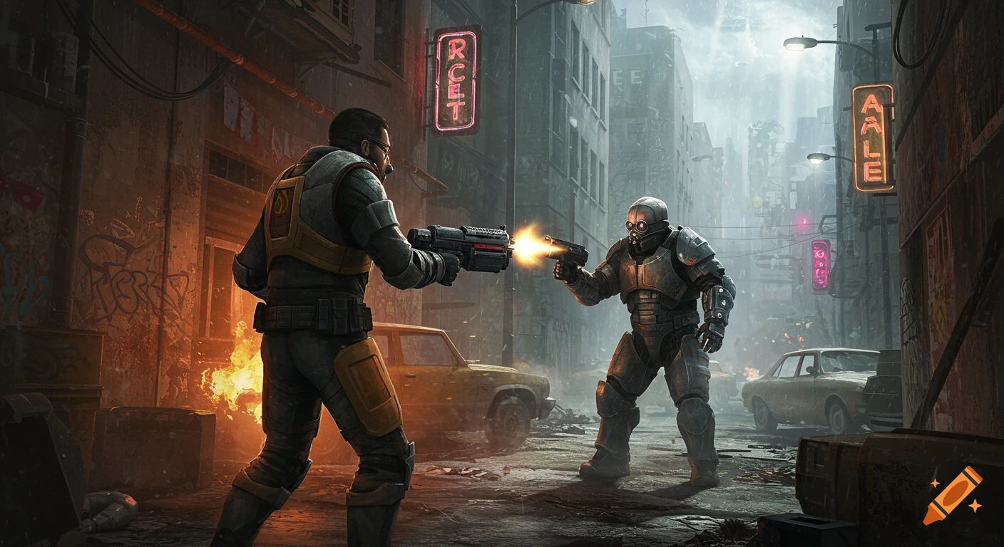 Two armored figures in a gunfight on a rainy, dystopian city street with neon signs and old cars. Digital art.