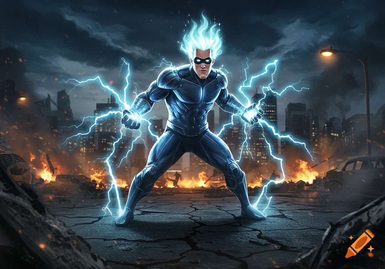 A powerful superhero with electric blue hair and lightning bolts around his hands stands defiantly in a burning, ruined city at dusk.