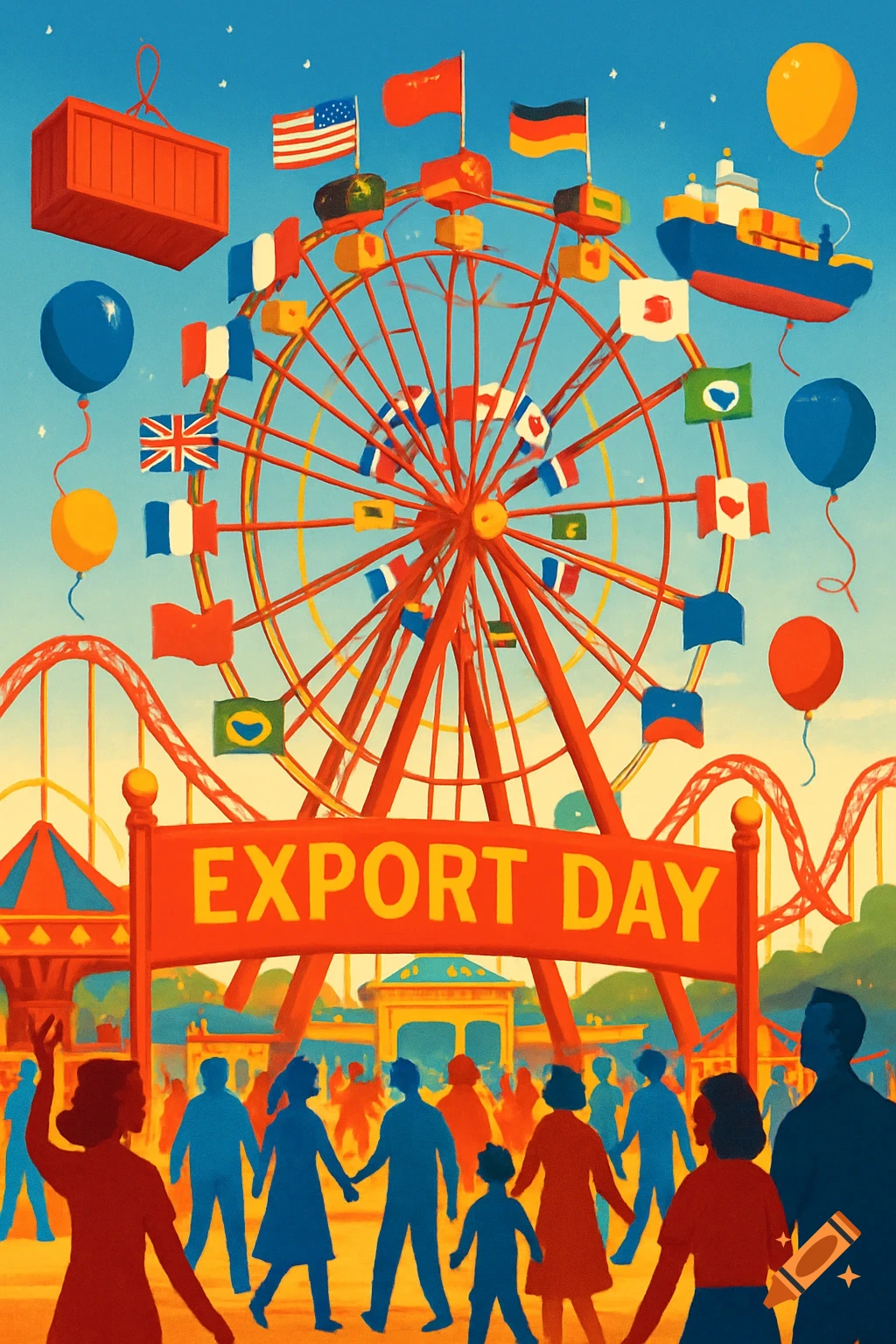 A colorful illustration of a busy fairground with a large ferris wheel adorned with international flags, balloons, a roller coaster, and people below a banner reading 'EXPORT DAY'.