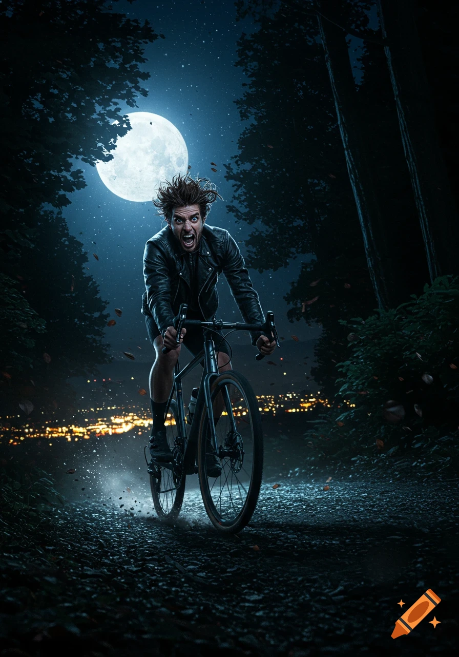 A man with a wild expression and messy hair rides a gravel bike at night under a full moon, with city lights in the distance.
