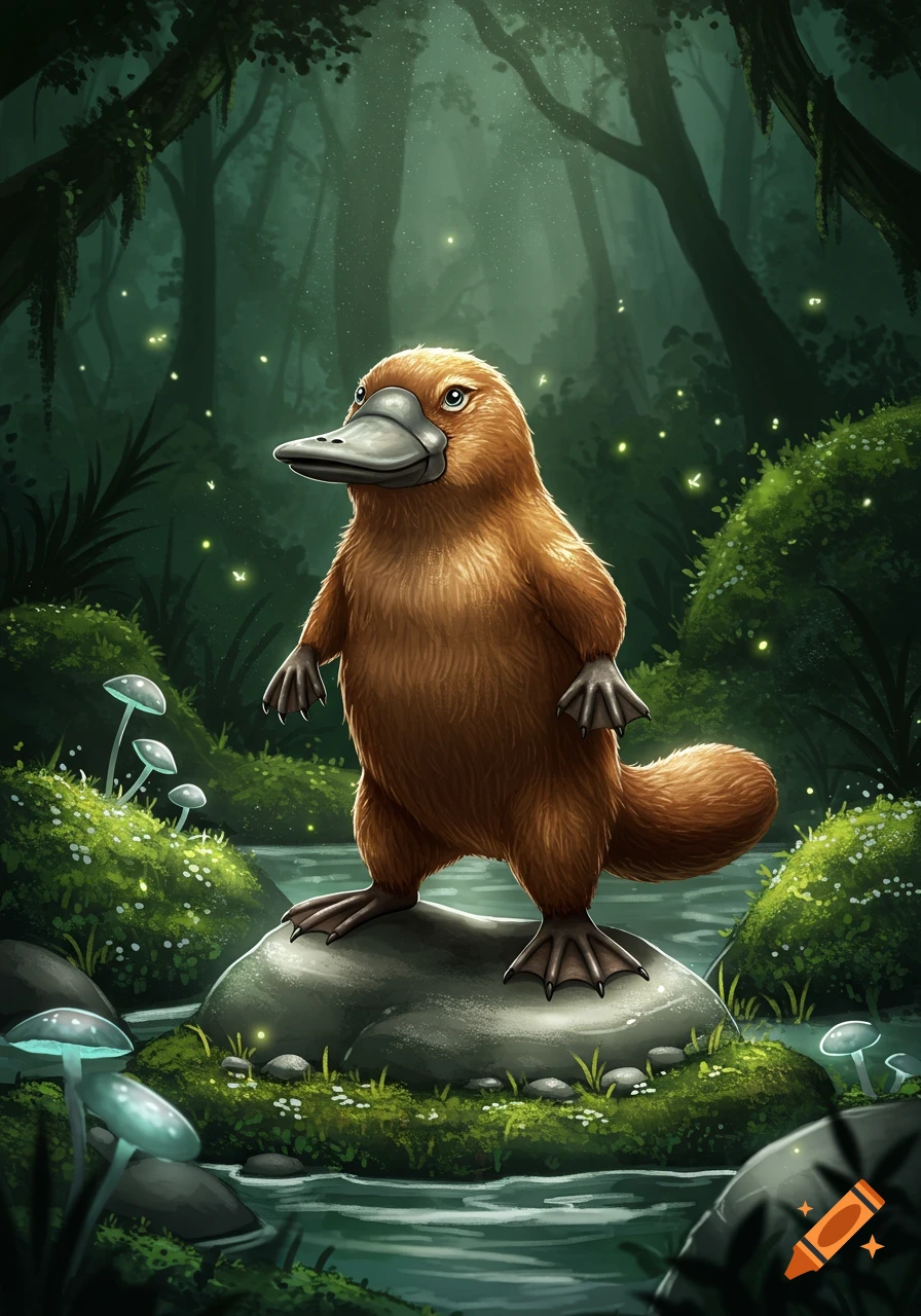 A fluffy, brown platypus with a gray bill stands on a mossy rock in a magical, glowing forest with a stream and bioluminescent mushrooms.