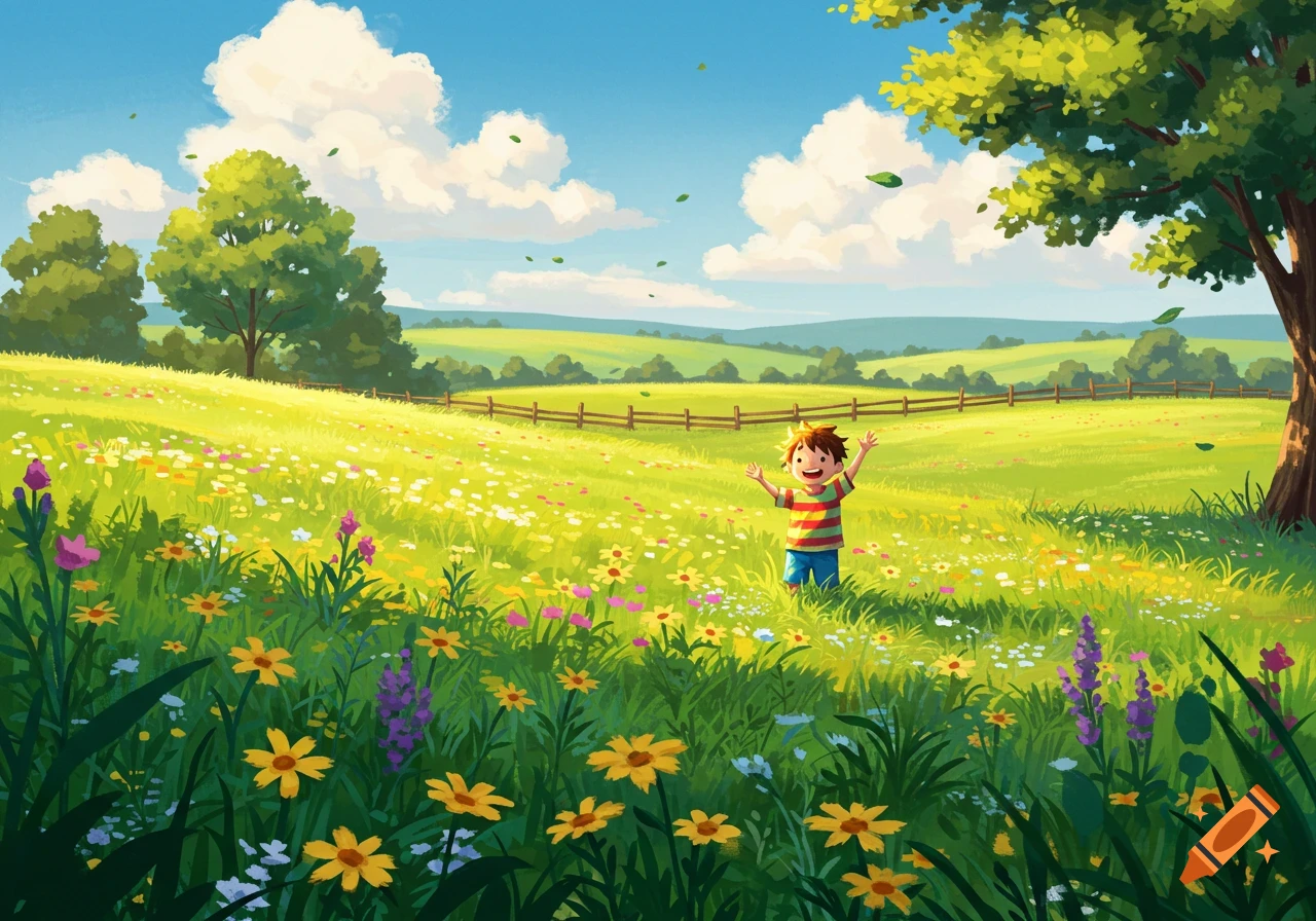 A bright illustration of a happy child with arms raised in a sunny green field filled with colorful wildflowers under a blue sky.