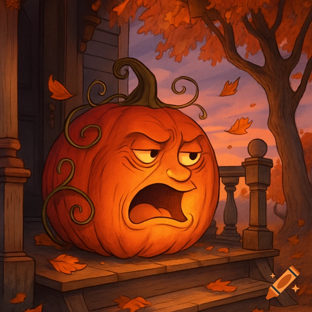 A cartoon grumpy orange pumpkin sits on a wooden porch with fallen autumn leaves, against a sunset sky and a tree.