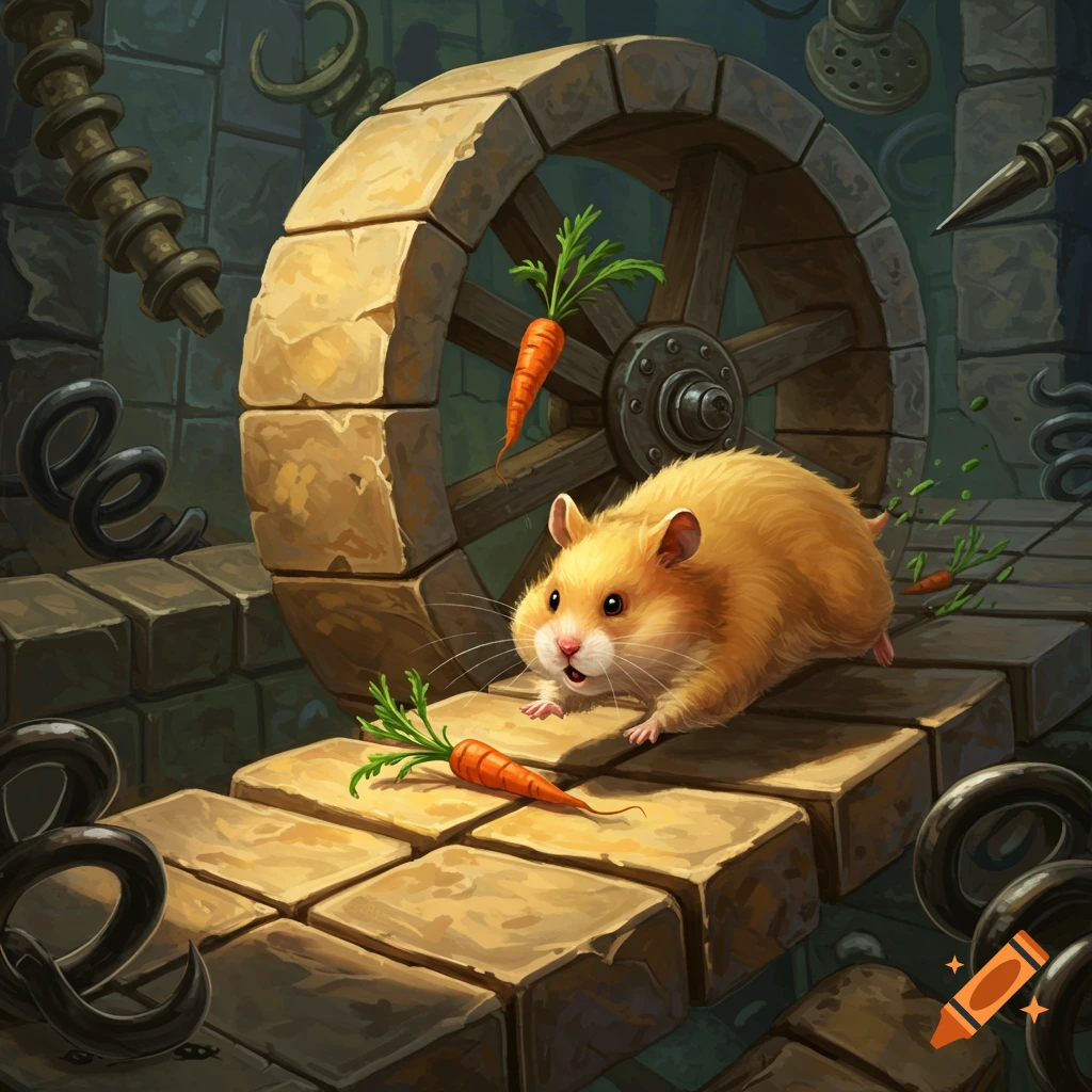 A cute hamster scrambles on stone blocks toward a carrot, near a segmented stone wheel and dangerous metallic objects in a fantasy setting.