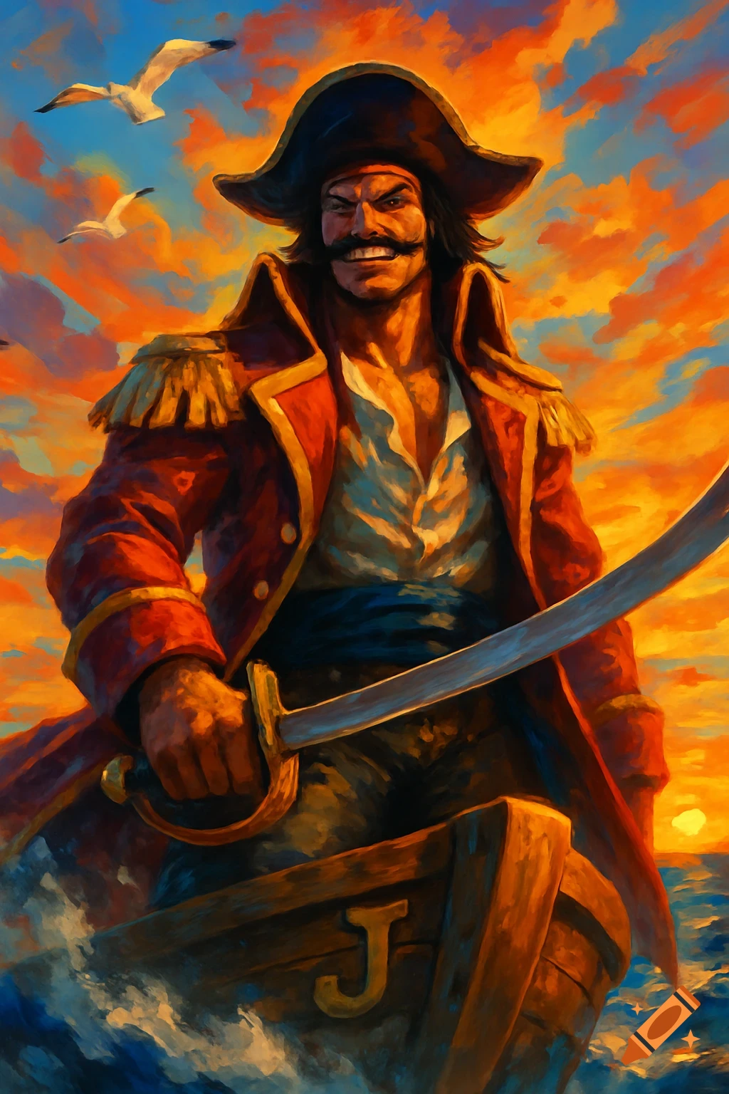 A colorful digital painting of a muscular pirate with a large mustache and tricorn hat, holding a saber on a boat with the letter 'J' on its bow, against a vibrant orange and blue sunset sky with seagulls.