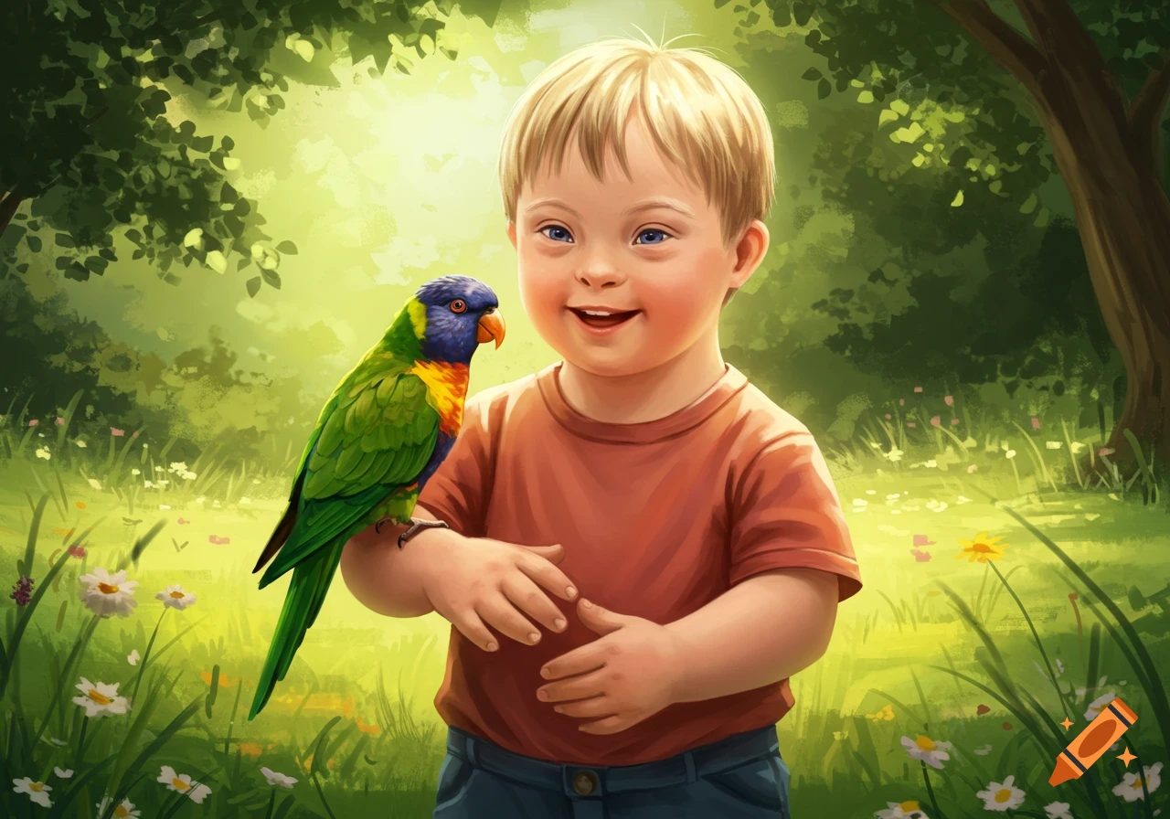 Digital painting of a smiling child with Down syndrome holding a colorful parrot on their arm in a sunlit forest.