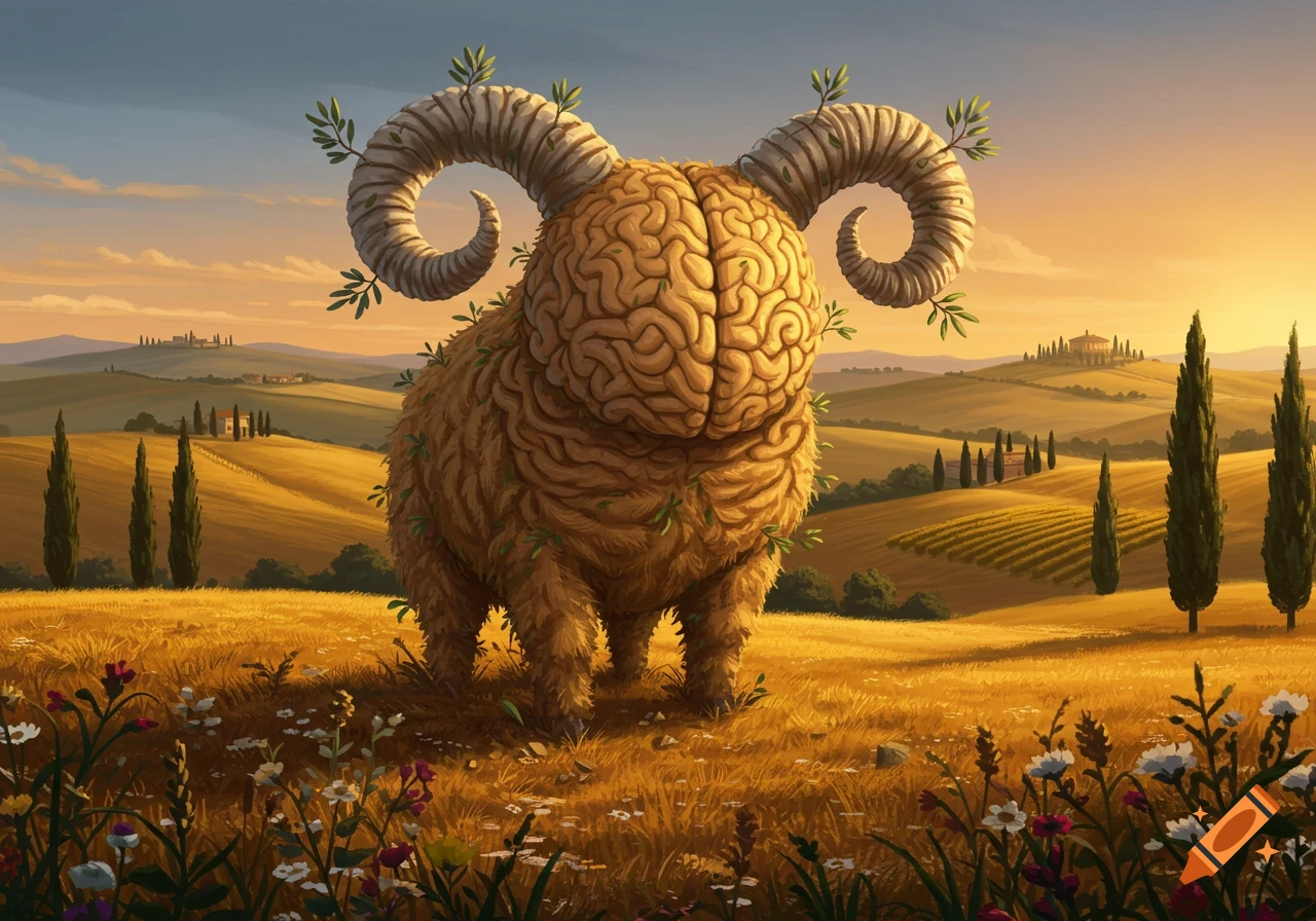 A surreal ram with a brain for a head and leafy horns stands in a sunlit Italian field with hills and cypress trees at sunset.