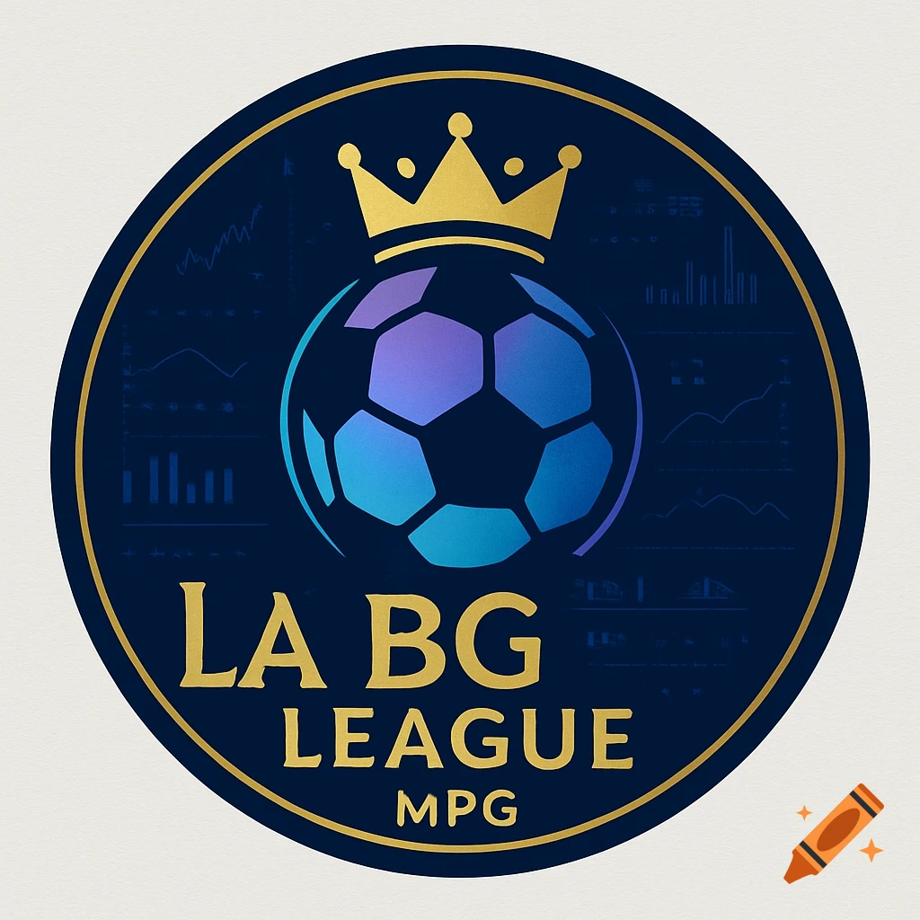 A circular logo in dark blue and gold featuring a crown, a gradient blue and purple soccer ball, and the text "LA BG LEAGUE MPG".