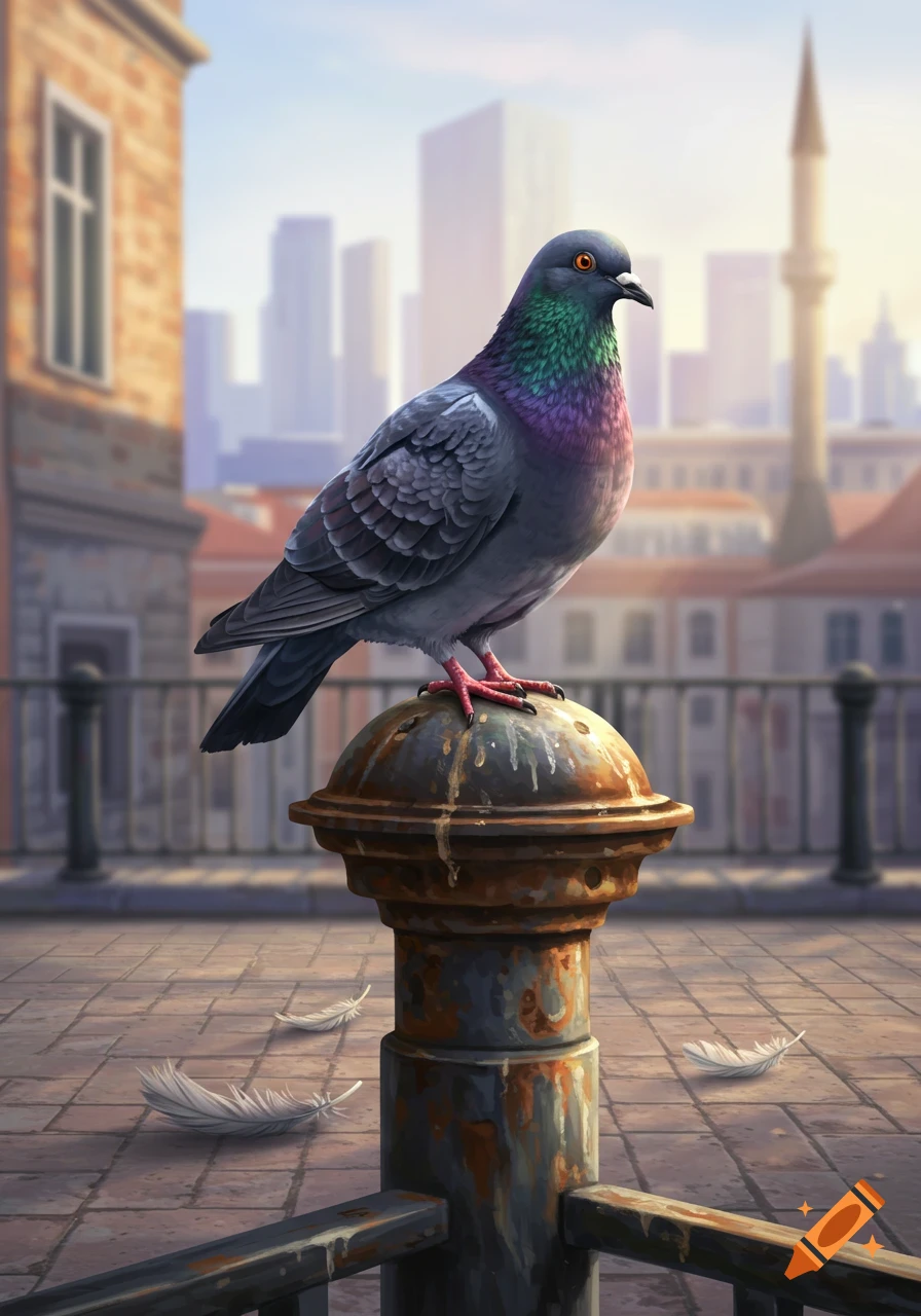 A vibrantly colored pigeon perches on a rusty metal post on an urban rooftop, with a blurred city skyline in the background.