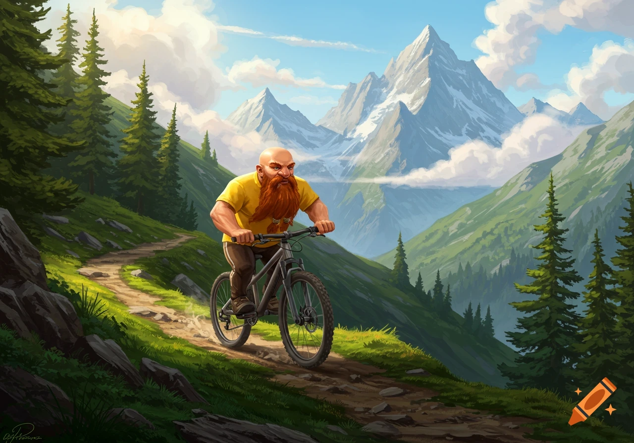 A bald dwarf with a long red beard cycles down a dirt mountain path, surrounded by pine trees and snow-capped peaks under a blue sky, digital painting style.