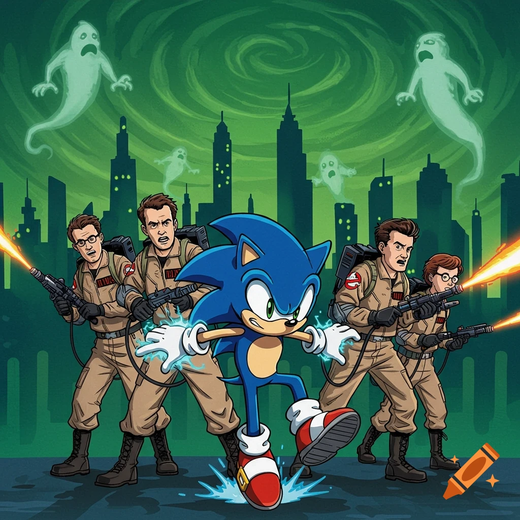 Sonic the Hedgehog runs alongside four Ghostbusters firing proton streams at cartoon ghosts over a city skyline at night in a comic book style.