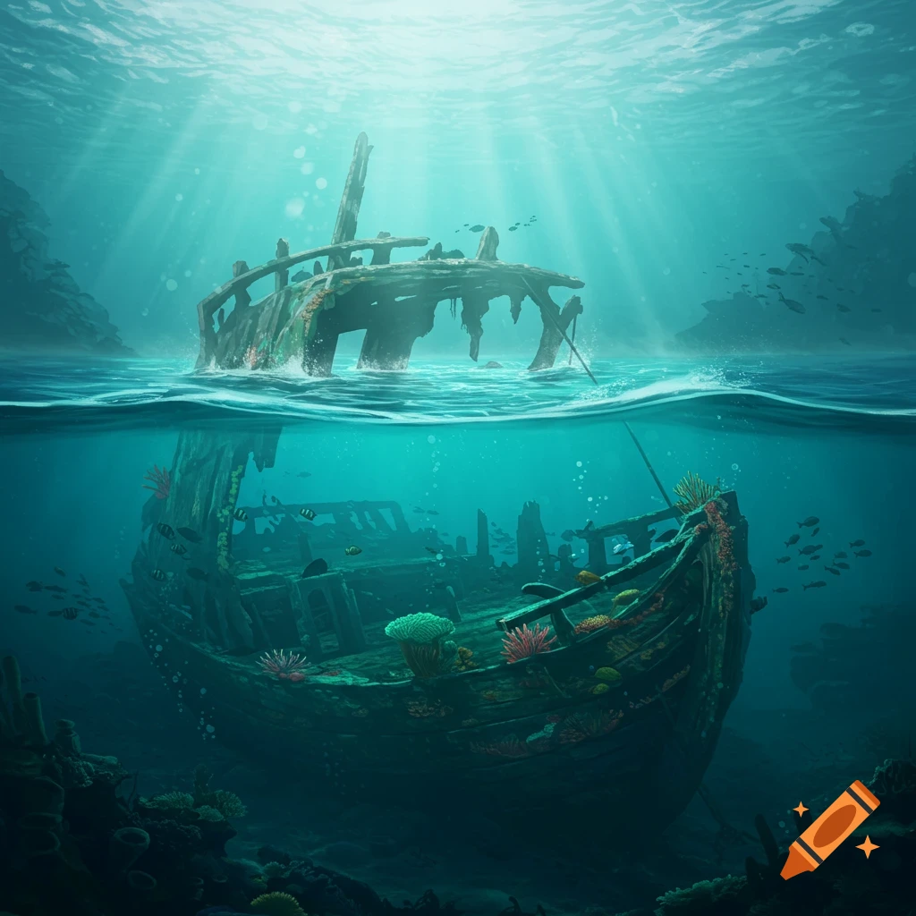 Detailed digital painting of an ancient shipwreck, half submerged in clear blue ocean water, half on the seabed with coral and fish.