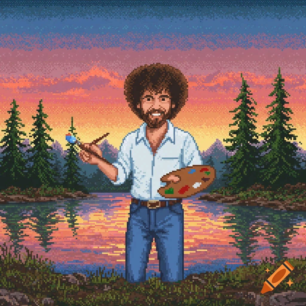 Pixel art of Bob Ross holding a paintbrush and palette by a lake with pine trees at sunset.