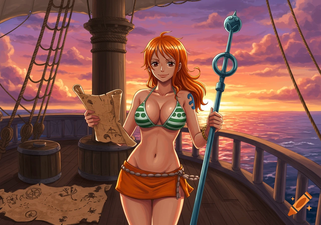 Anime illustration of Nami from One Piece on a pirate ship at sunset, holding a map and staff.