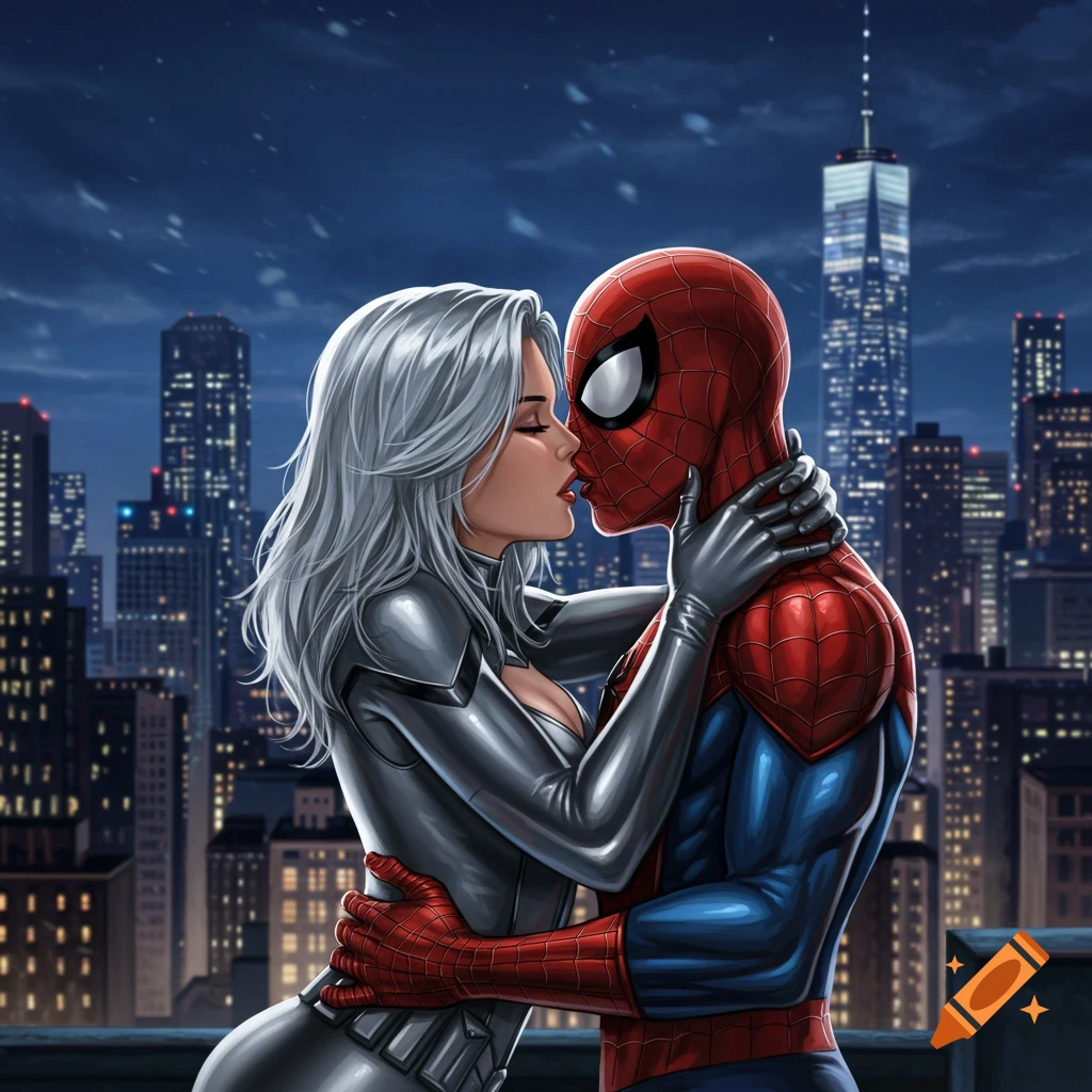 Comic art of Silver Sable and Spiderman passionately kissing on a city rooftop at night, with a towering cityscape in the background.