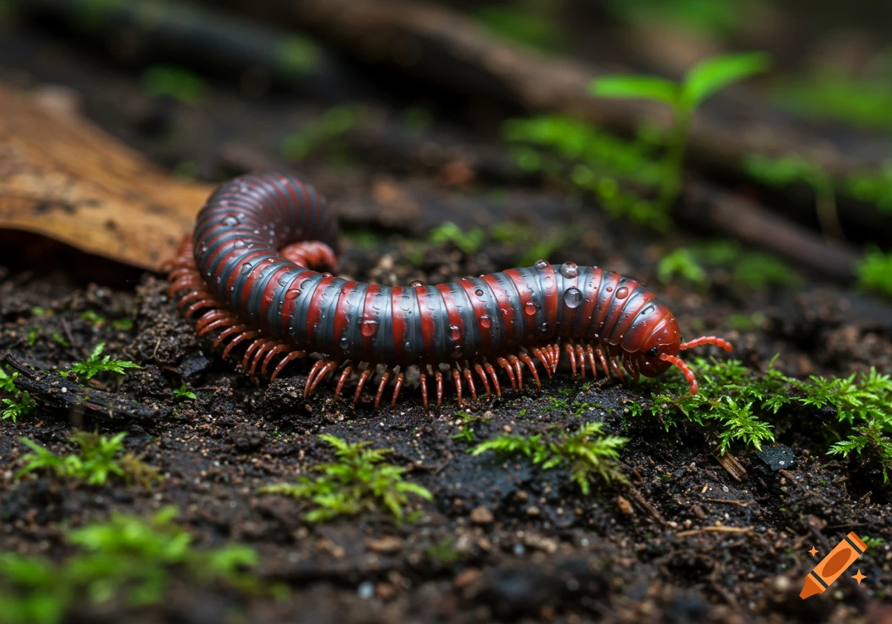 A vibrant red and black banded millipede with water droplets on its back crawls on dark soil with green moss.