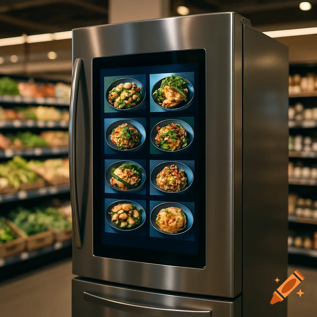 A stainless steel smart refrigerator with a digital screen displaying various food bowls, set in a blurred supermarket aisle.