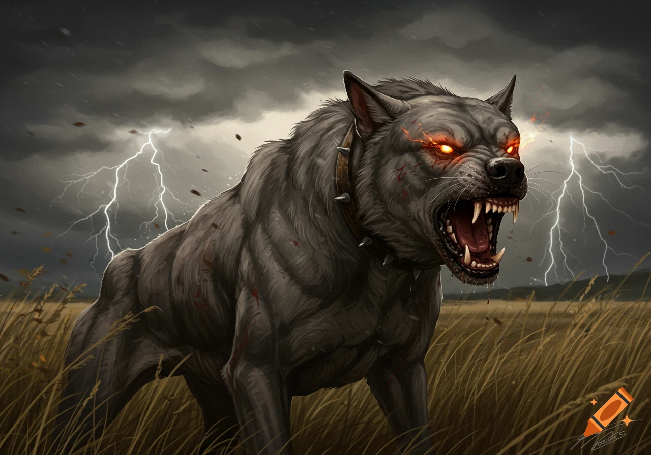 A muscular grey dog with glowing red eyes snarls in a field under a stormy, lightning-filled sky. Digital art.