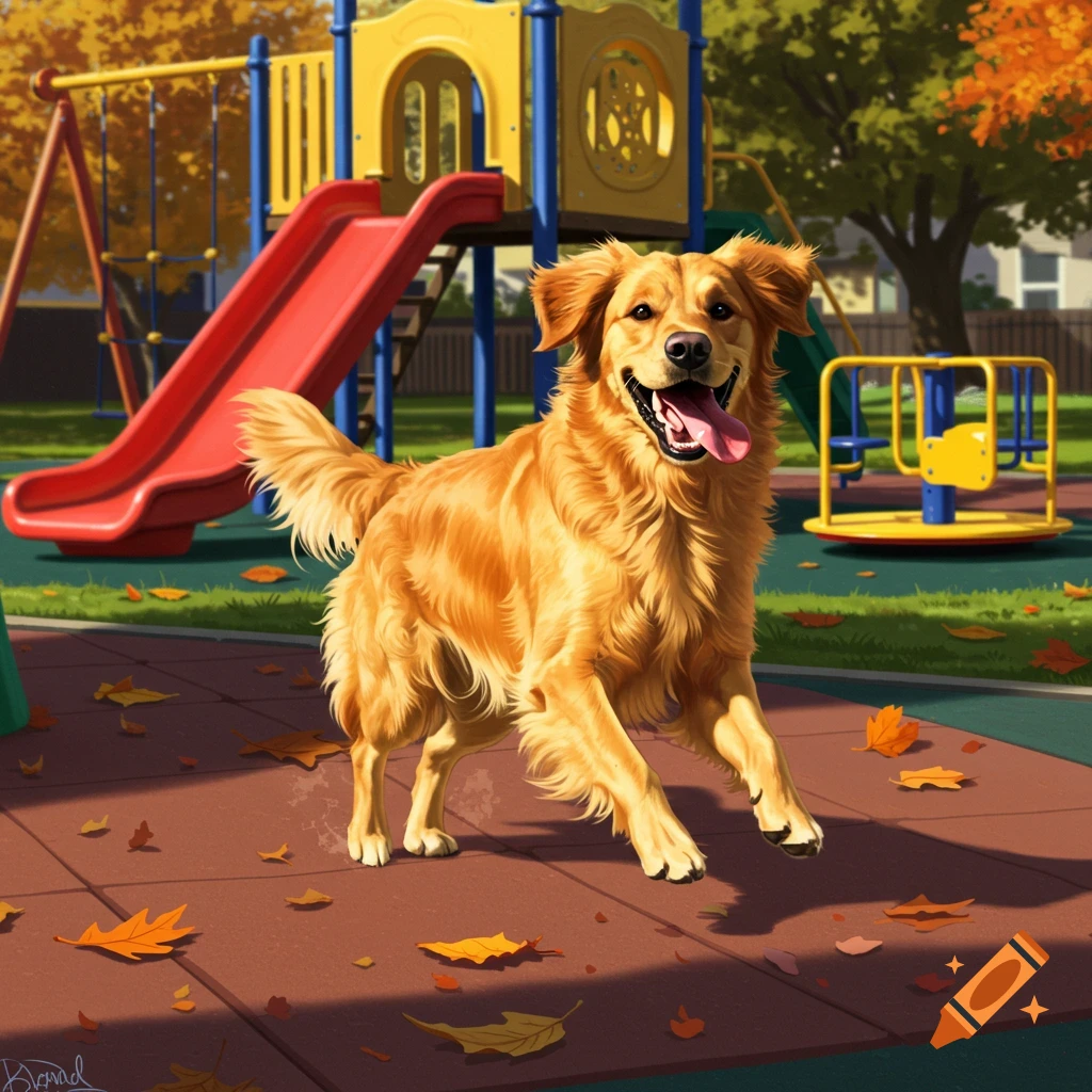 A happy golden retriever runs through a colorful playground with autumn leaves in a digital art style.