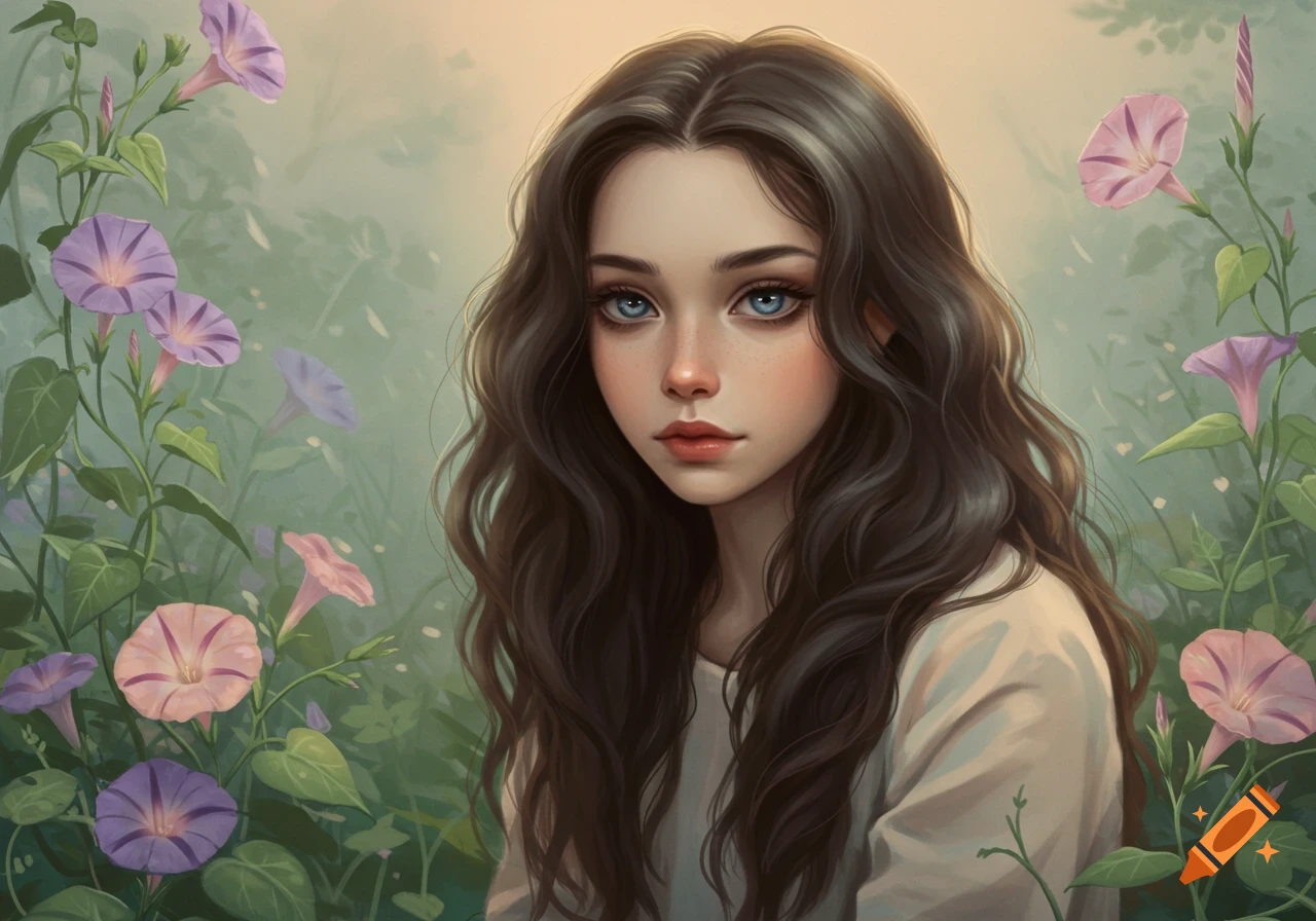 A stylized digital art portrait of a girl with long dark hair and blue eyes, surrounded by purple and pink morning glory flowers.