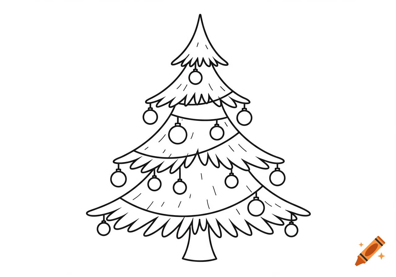 Black and white line art illustration of a Christmas tree adorned with baubles, in a clean, minimalist coloring book style.