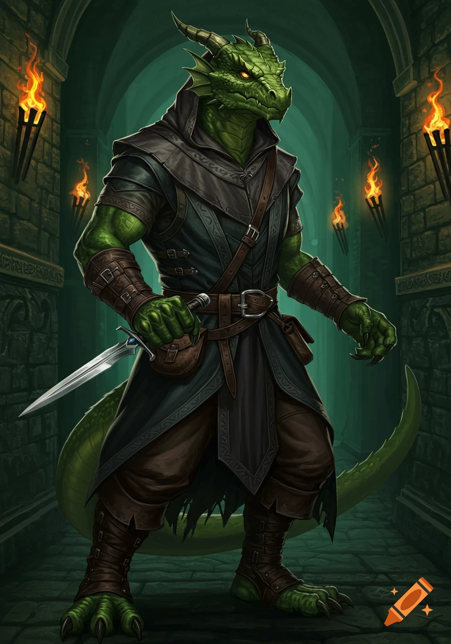 A green dragonborn rogue in dark leather armor holds a dagger in a torchlit dungeon, fantasy illustration.