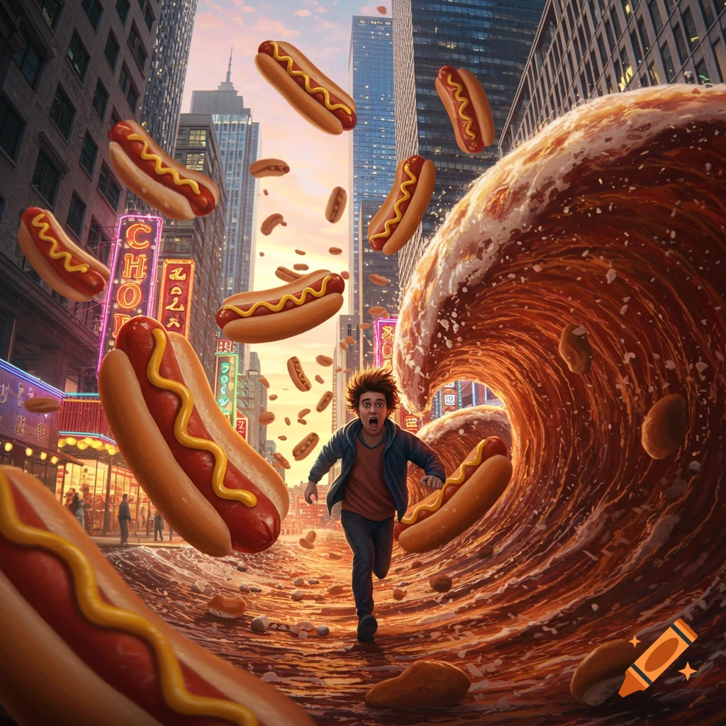 A man runs in a city street, pursued by a huge wave of hot dogs and brown liquid, with hot dogs raining from the sky.