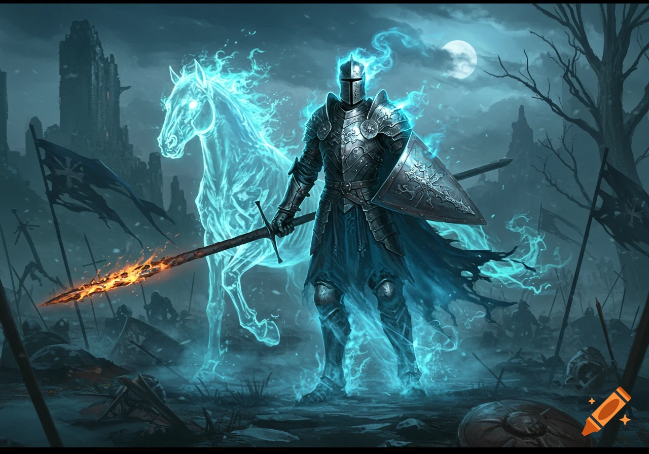 A spectral knight in glowing blue armor with a flaming sword stands beside a luminous ghost horse on a dark, misty battlefield under a full moon.