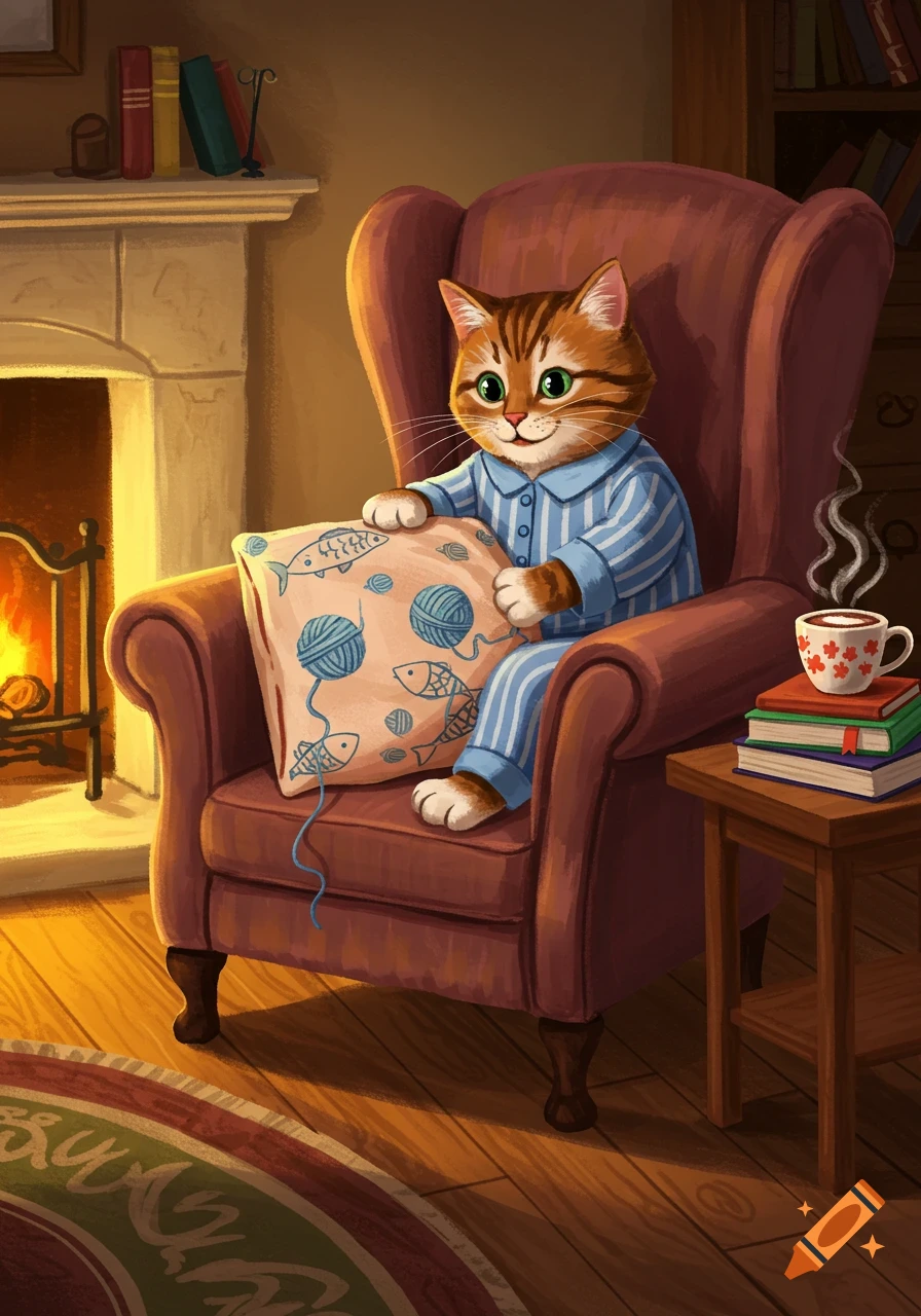 An illustrated orange tabby cat in blue pajamas sits in an armchair by a cozy fireplace, holding a pillow. A steaming mug is on a side table.