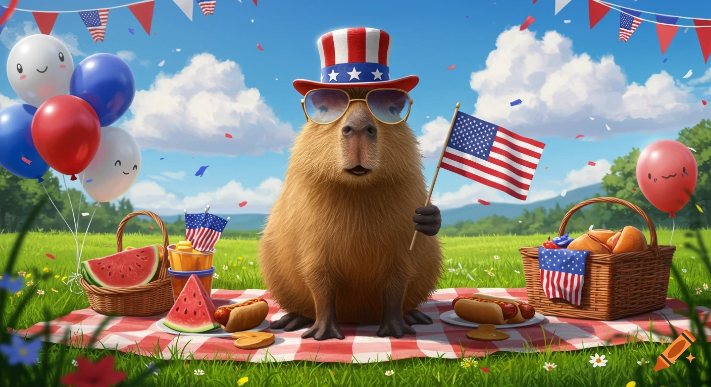 A cute capybara in a patriotic hat and sunglasses holds an American flag at a picnic with balloons, watermelon, and hot dogs under a blue sky.