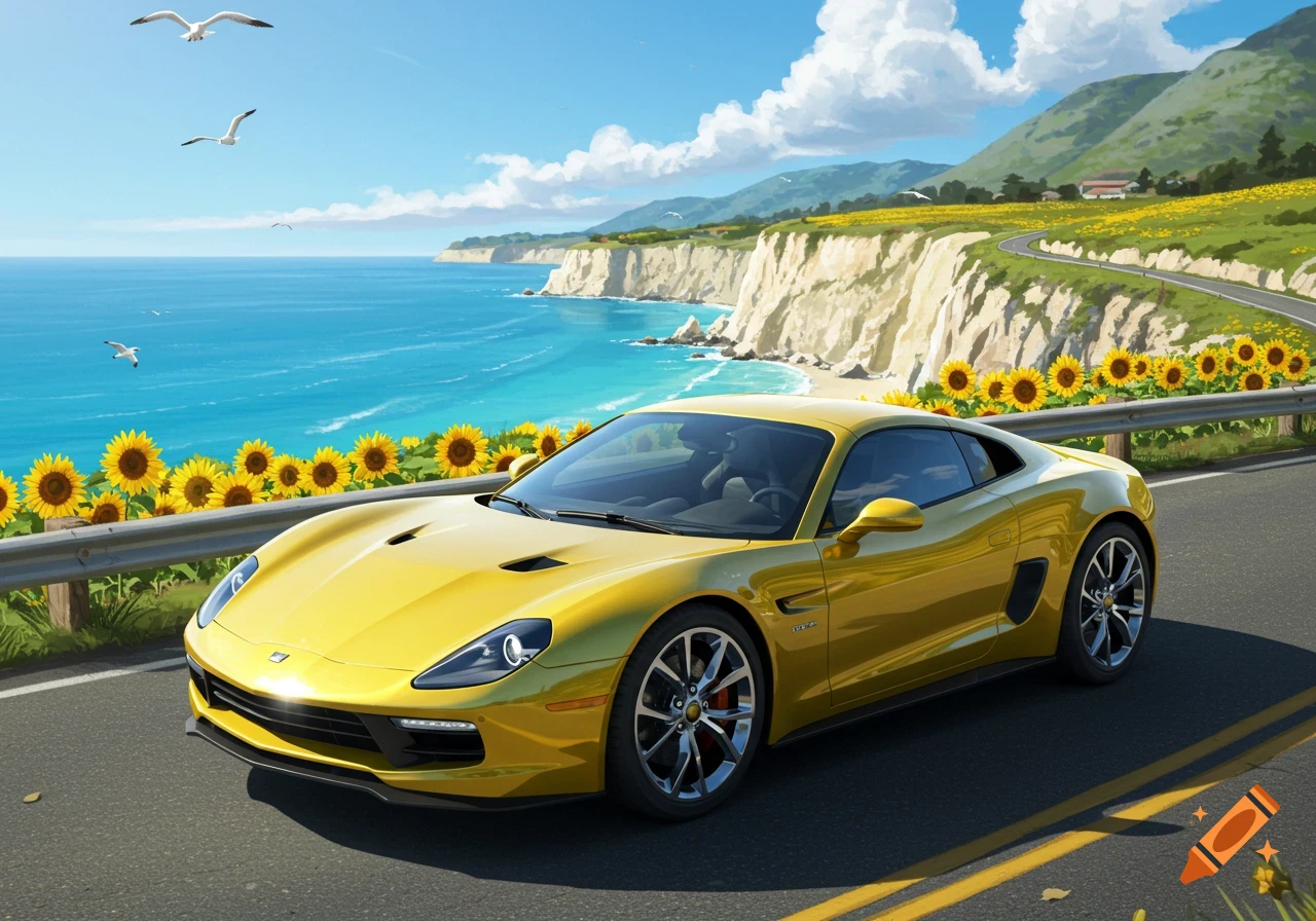 A shiny yellow sports car is parked on a coastal road lined with sunflowers, overlooking a bright blue ocean and cliffs under a sunny sky.