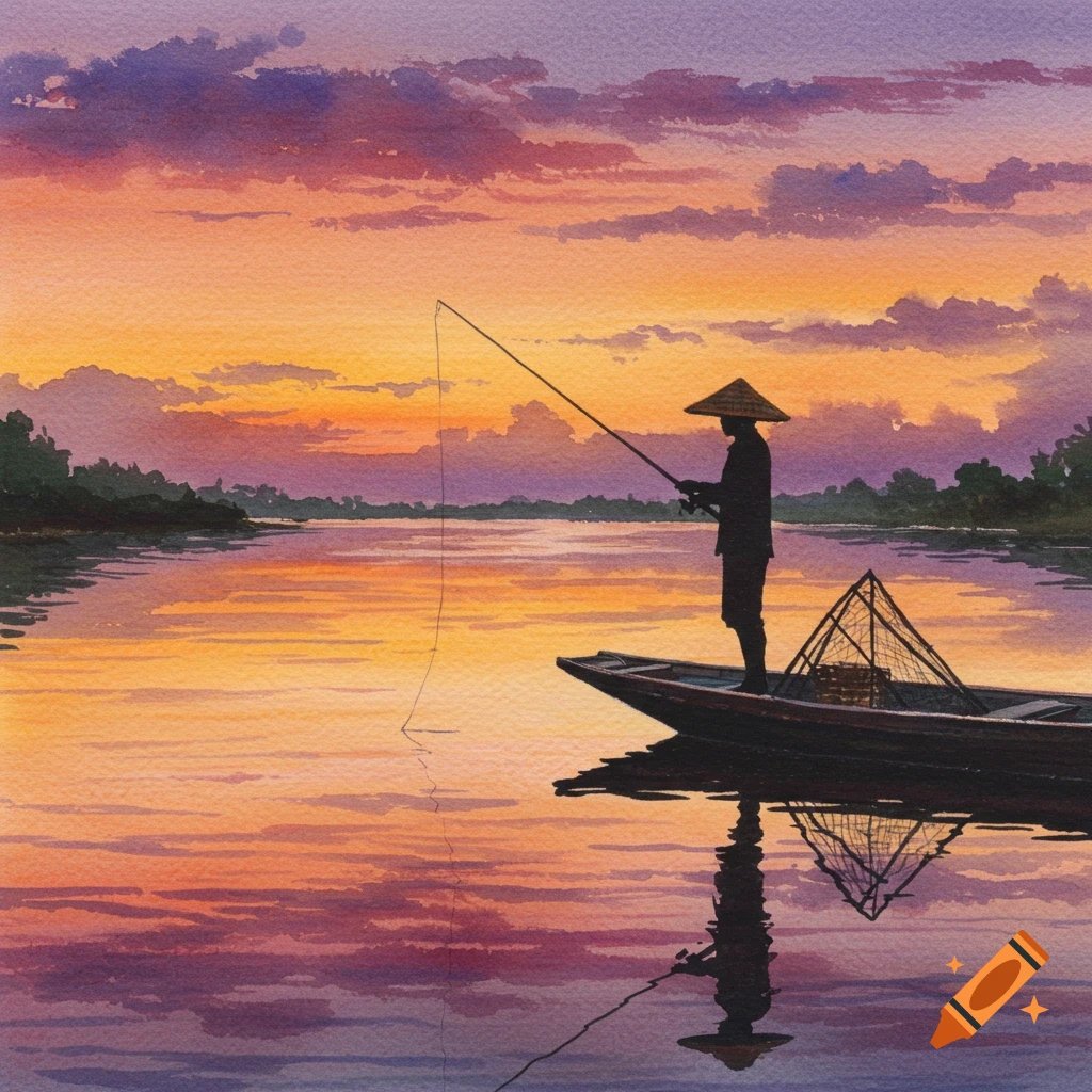 A man in a straw hat fishes from a boat on a river at sunset, in a watercolor style.
