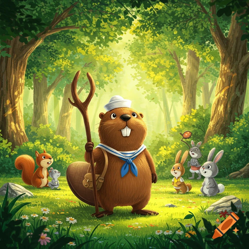 A whimsical cartoon beaver sailor holding a staff stands in a sunny forest clearing with a squirrel, rabbits, and a mouse.