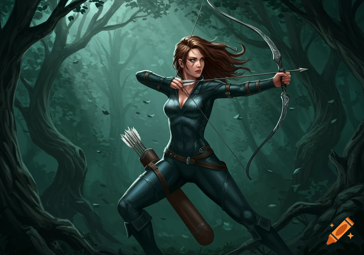 A female archer in a dark, mystical forest draws her bow and arrow, ready to shoot, in an illustrated style.